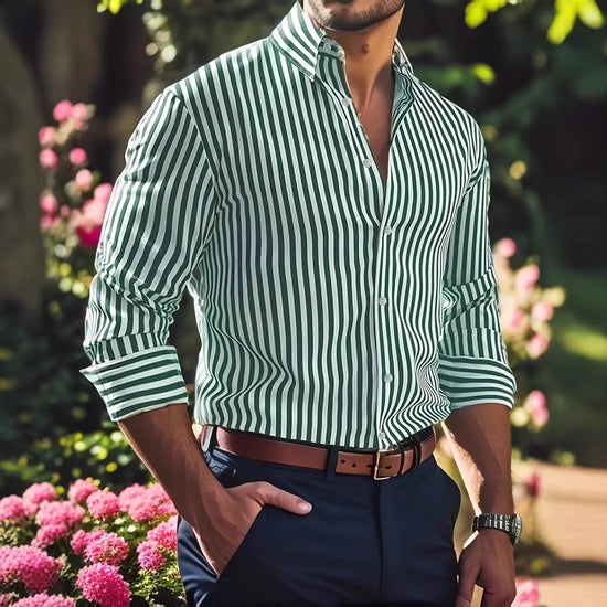 Ins Stripe Printed Long Sleeve Shirt Men Fashion Casual Lapel Button Top Clothing - Swefashionstore