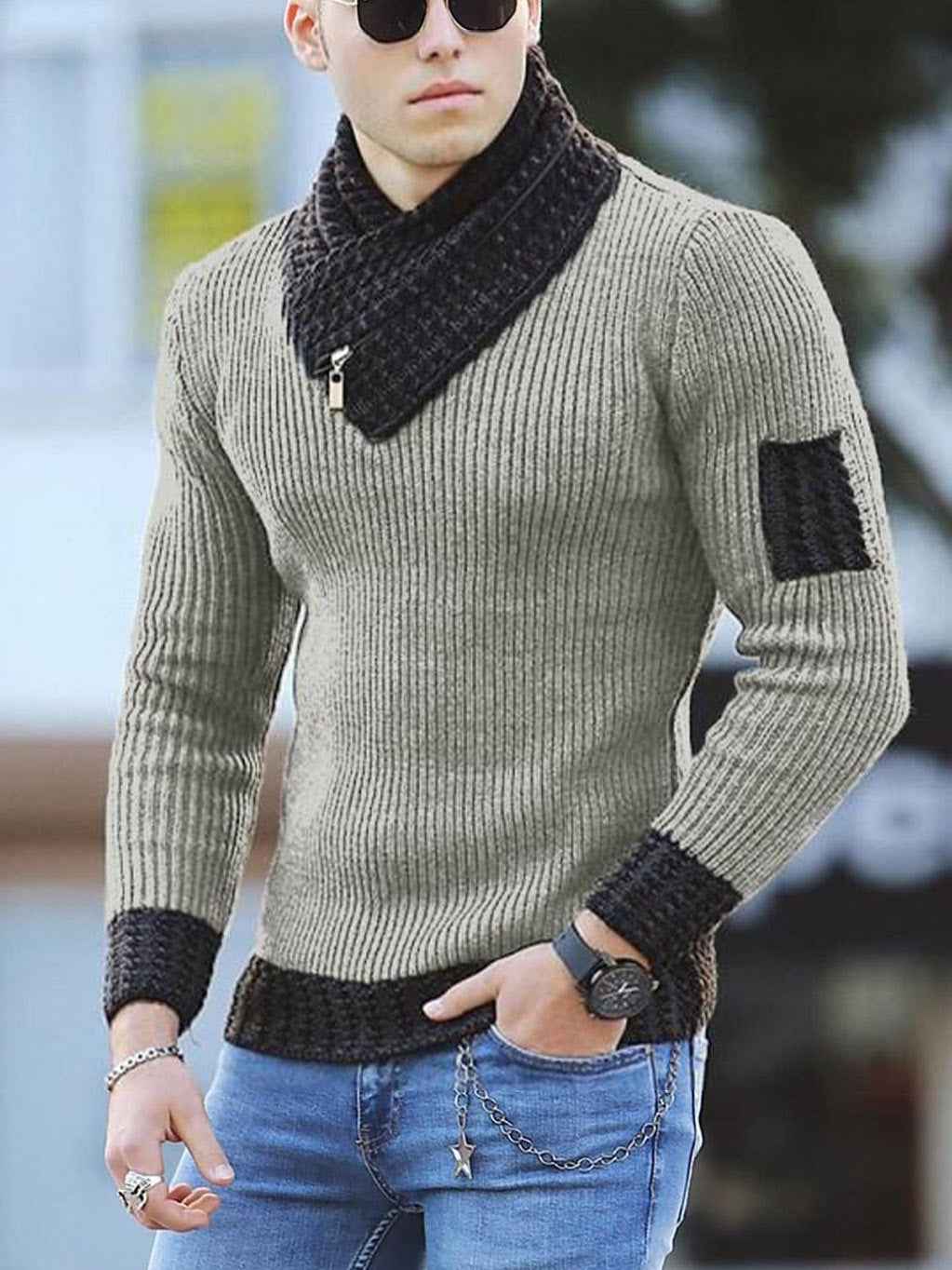 Independent Station Casual Slim Knit Pullover Sweater for Men with Scarf Collar Long Sleeves