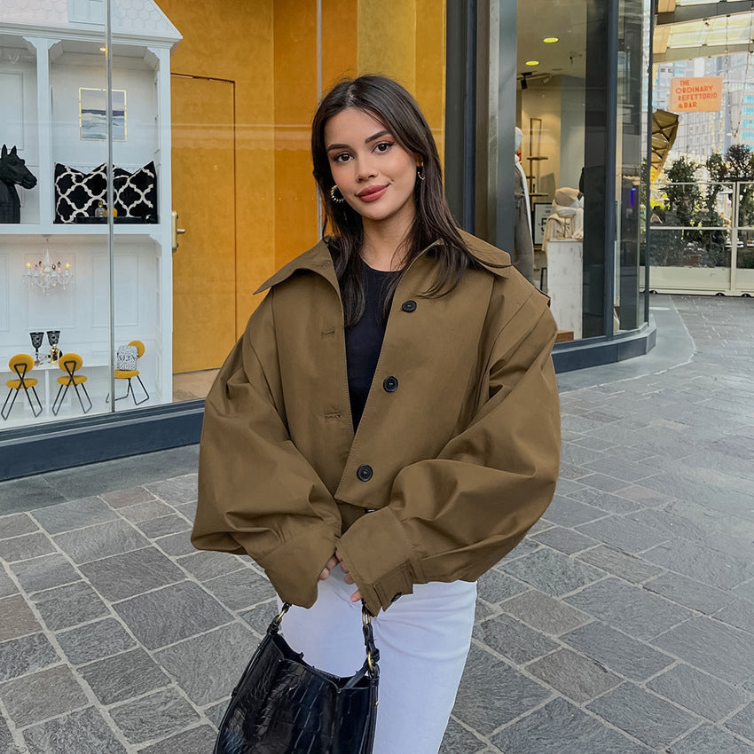 Khaki Lapel Simple Single-breasted Coat - Swefashionstore