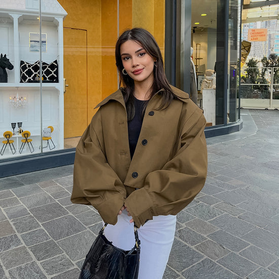 Khaki Lapel Simple Single-breasted Coat - Swefashionstore