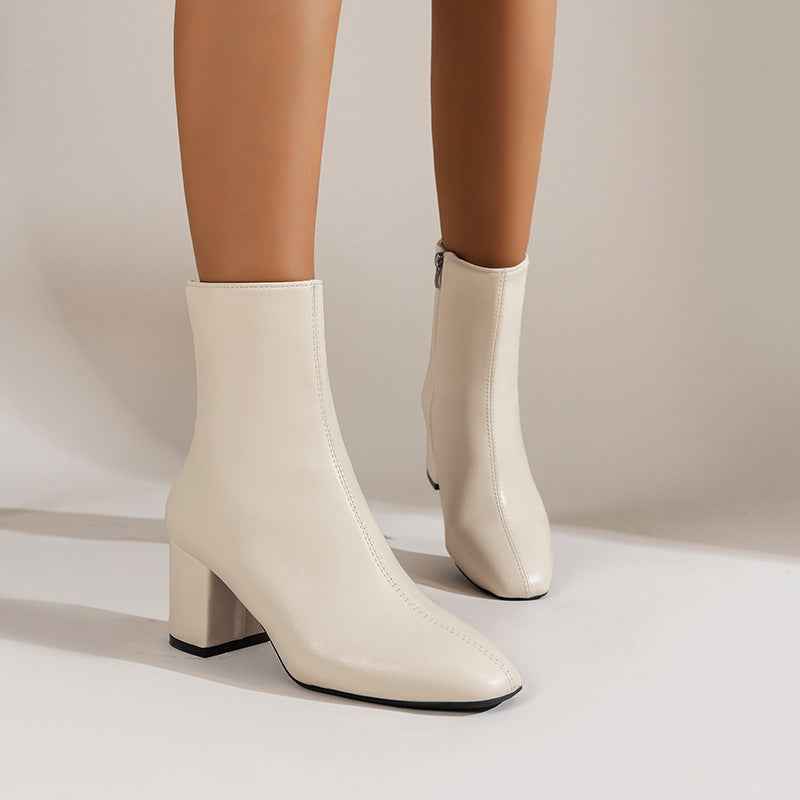 Chunky Heel Pointed Toe Boots with Side Zipper - Fashion Mid-Calf Boots for Women