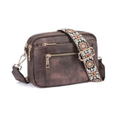 Triple-zipper Shoulder Bag With Floral Embroidered Straps - Swefashionstore