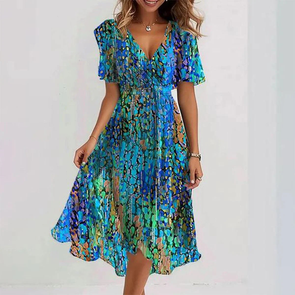 Chiffon Printed Short Sleeve Dress Summer Elegant V-neck Dresses Womens Clothing - Swefashionstore
