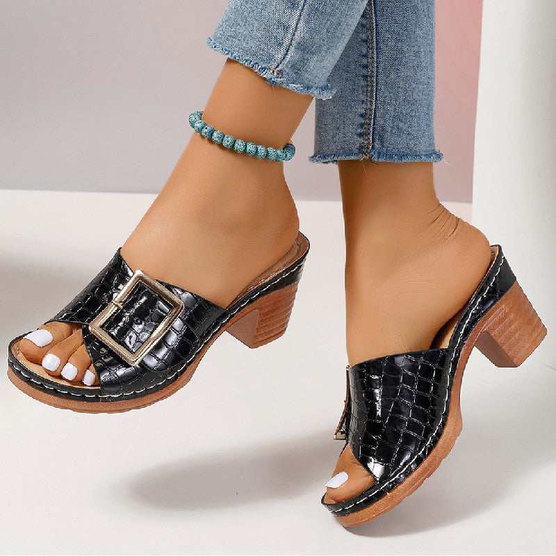 Fashion Crocodile-textured Buckle Sandals - Swefashionstore