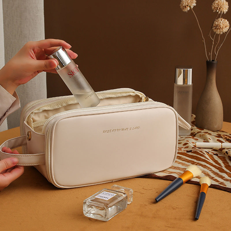 Three-layer Double Zipper U-shaped Design Cosmetic Bag Fashion High Capacity Make Up Bags Portable Pu Leather Storage Bag For Skin Care Products - Swefashionstore