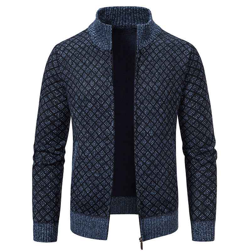 Thickened Plaid Print Cardigan Jacket for Men - Slim Fit Zipper Stand Collar Sweater for Winter Casual Wear