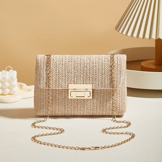 Damen Strohtasche mit Schloss und geschlossener, einfacher quadratischer Tasche