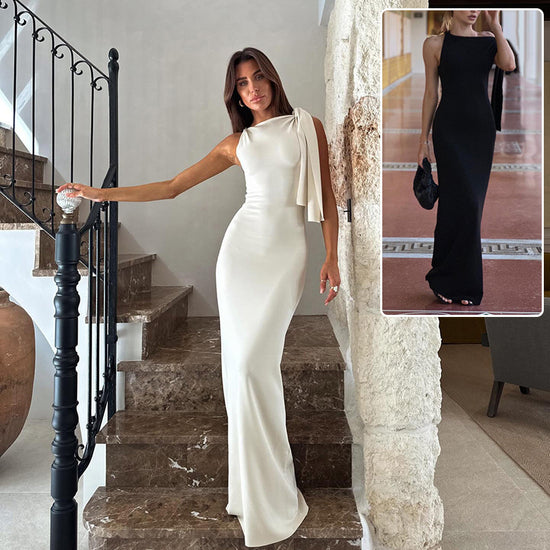 Lång klänning med en axel och band för kvinnor - Smal ärmlös kvällsfest klubbkläder