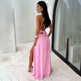 Halterneck V-neck Slit Dress for Effortless Style - Swefashionstore