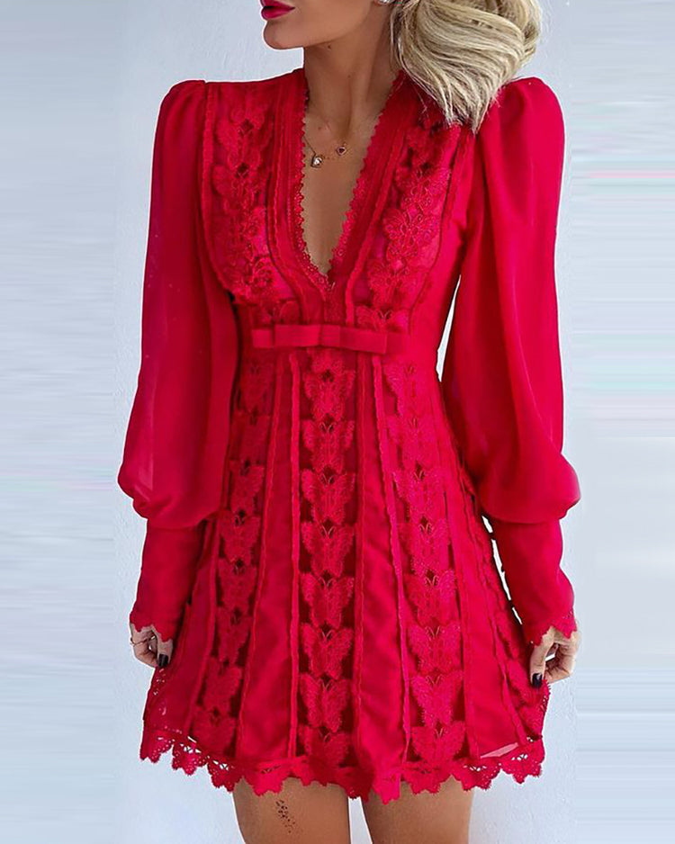 White Elegant Dresses Elegant V-Neck Lace Dress With Long Puff Sleeve - Swefashionstore