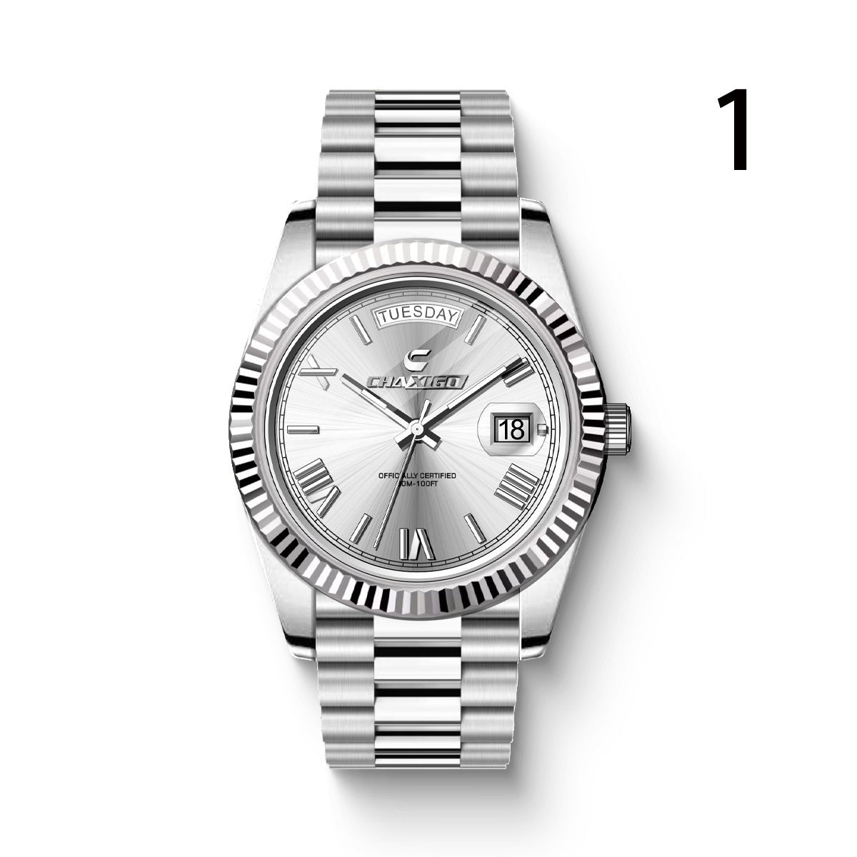 Men's stainless steel quartz wrist watch with day-date display and mineral glass.