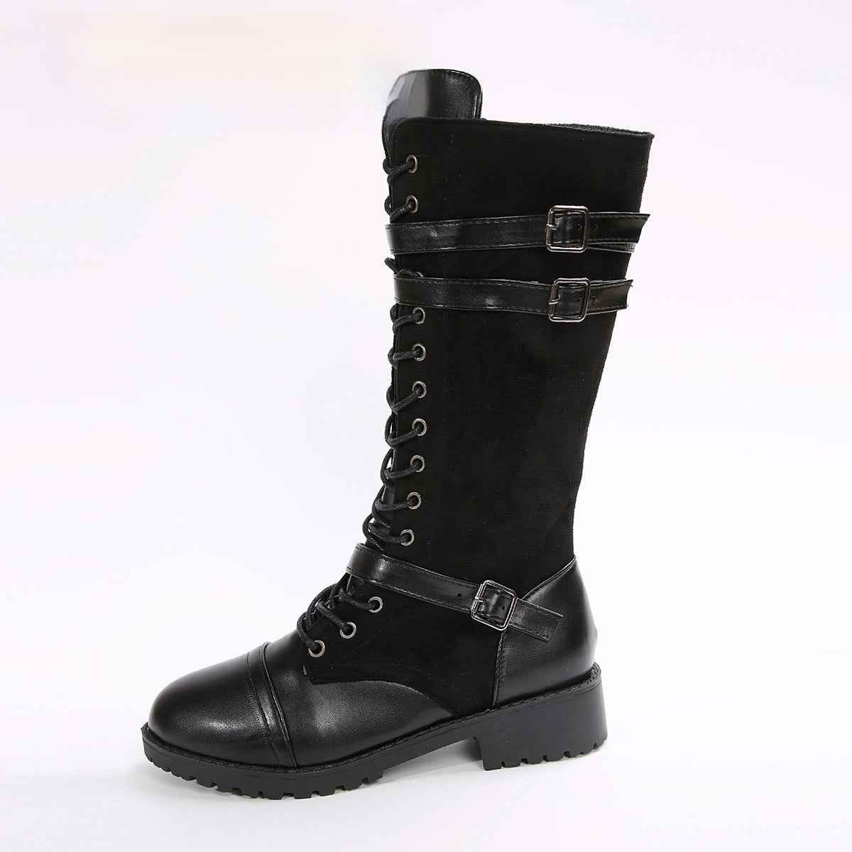 Round Toe Rivet Boots with Belt Buckle and Square Heel