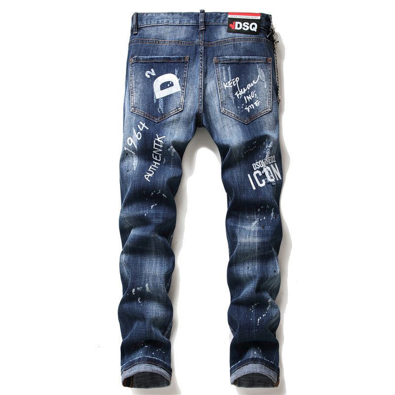 DENIM jeans famous D2 zipper blue hole Pencil Pants