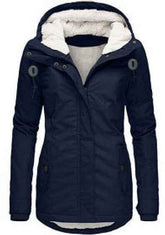 Winter Hooded Jacket for Women - Solid Color Fleece Zip-up with Pockets