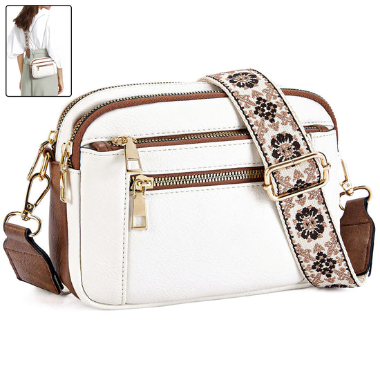 Triple-zipper Shoulder Bag With Floral Embroidered Straps - Swefashionstore