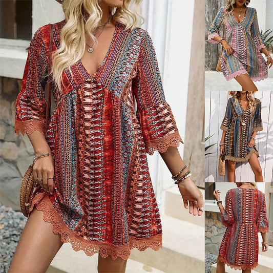 Bohemian Style V-neck Printed Casual Loose Dress
