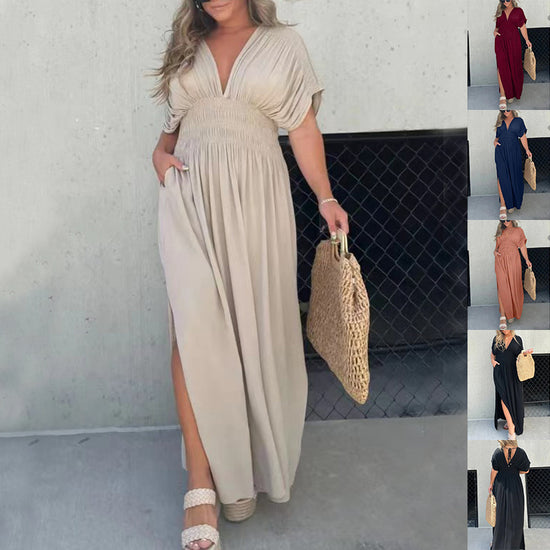 Fashion Bat-sleeved V-neck Slit Dress Summer Short Sleeve Elastic Waist Long Dresses Womens Clothing - Swefashionstore