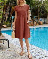 Summer Short-sleeved Dress With Pockets Fashion Solid Round Neck A-line Dresses For Women Clothing - Swefashionstore