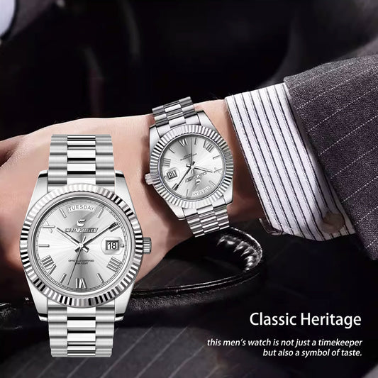 Men's Quartz wrist watch with stainless steel band, showcasing silver dial and classic design.