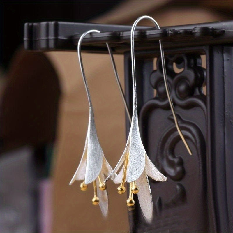 Female Fashion Vintage Blooming Flowers Two Tone Dangle Hanging Engagement Jewelry Earrings - Swefashionstore