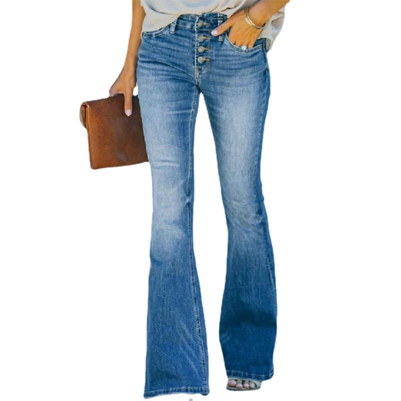 High Waist Bell Bottom Jeans Trendy Wear Washed Out Street Style Women&