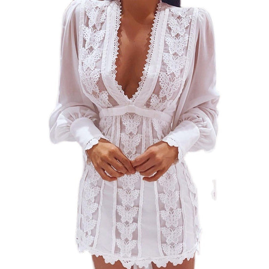 White Elegant Dresses Elegant V-Neck Lace Dress With Long Puff Sleeve - Swefashionstore