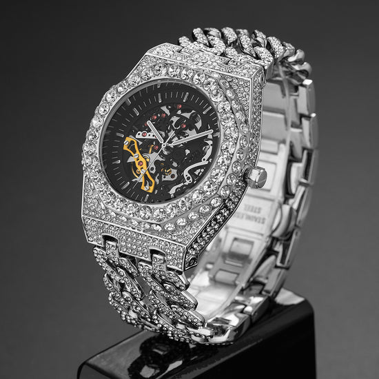 Full Diamond Hip Hop Cuban Link Chain Stitching Hollow Automatic Mechanical Watch - Swefashionstore