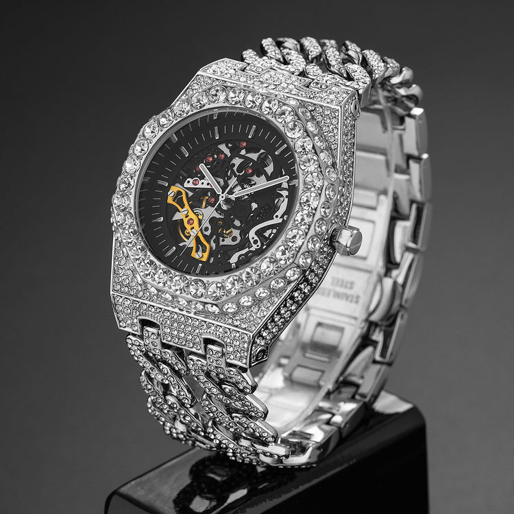 Full Diamond Hip Hop Cuban Link Chain Stitching Hollow Automatic Mechanical Watch - Swefashionstore