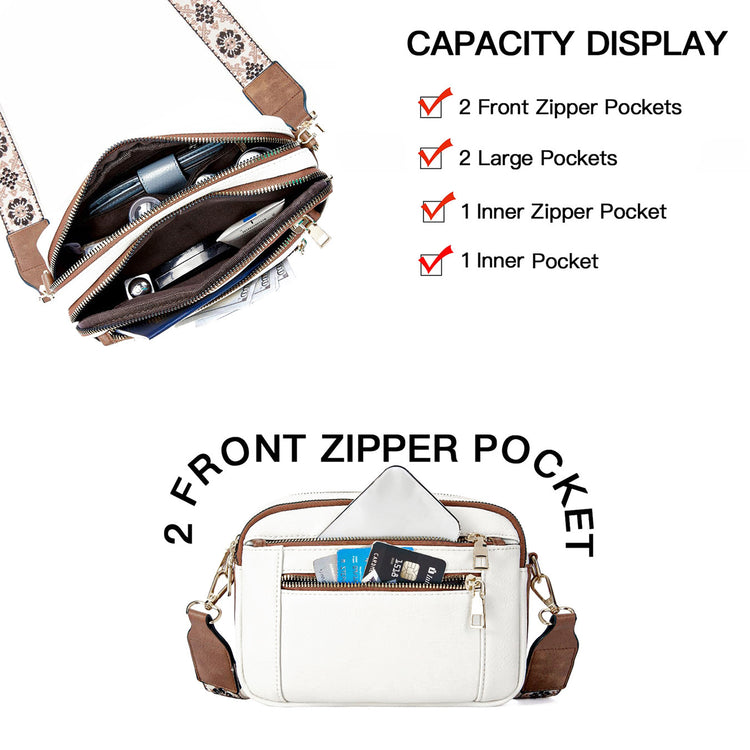 Triple-zipper Shoulder Bag With Floral Embroidered Straps - Swefashionstore