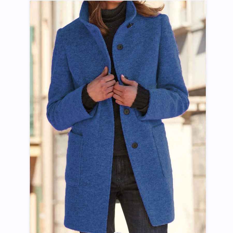 Fashion Stand Collar Woolen Coat for Women with Pockets - Casual Button Outwear for Fall Winter