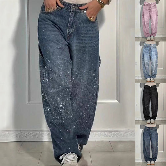 Ins Shiny Straight High-Waist Jeans mit Taschen Street-Style-Hose