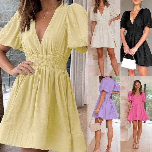 ELEGANT Summer Waist Trimming Dress V-Neck Lantern Sleeve