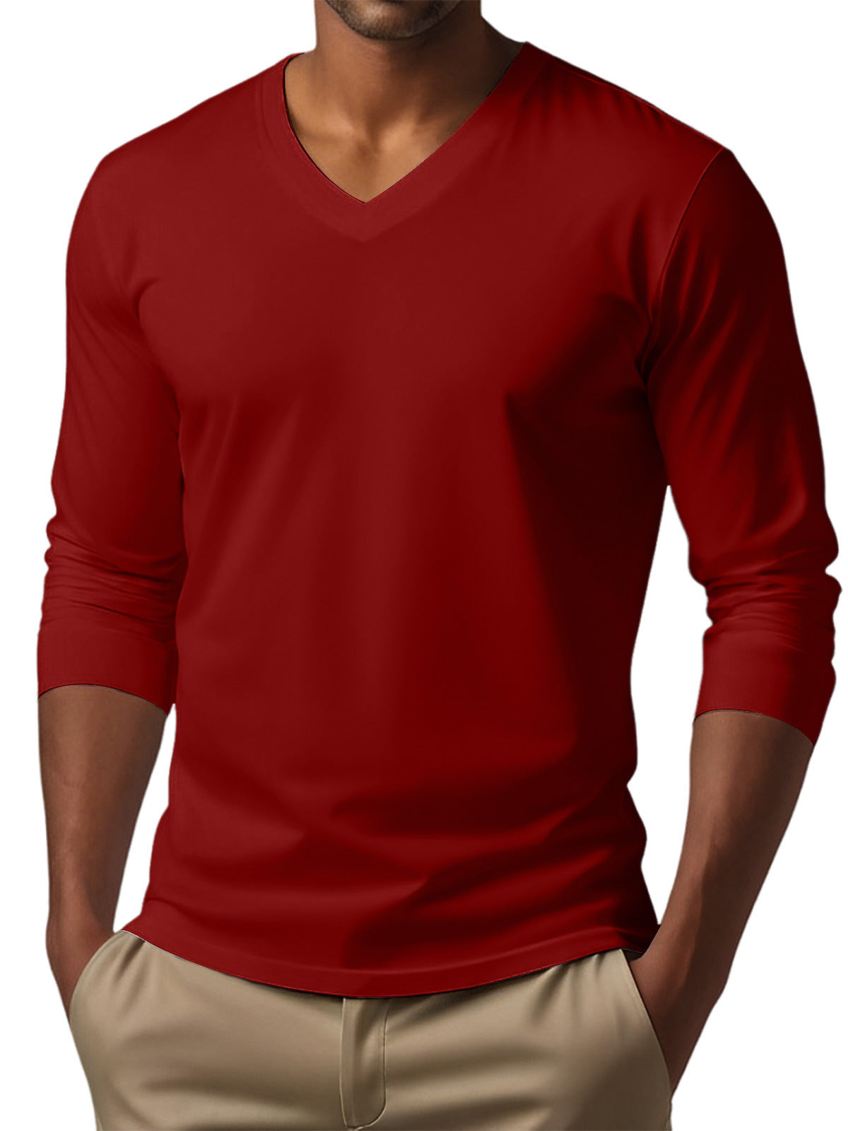 Men's versatile long sleeve pullover in red, made of polyester fabric.