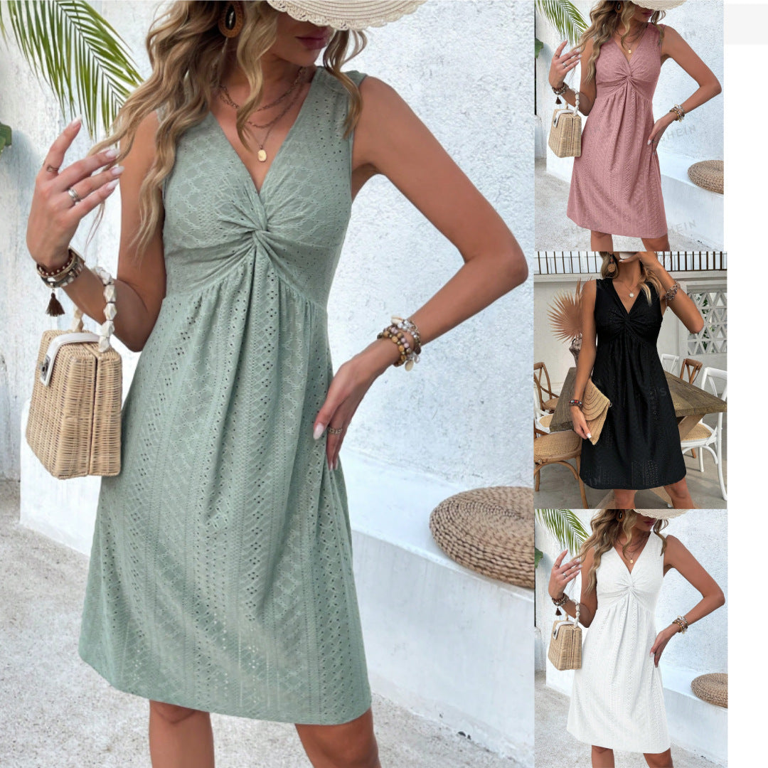 NEW FASHION V-neck Knot Sleeve-less Design Pleated Dress