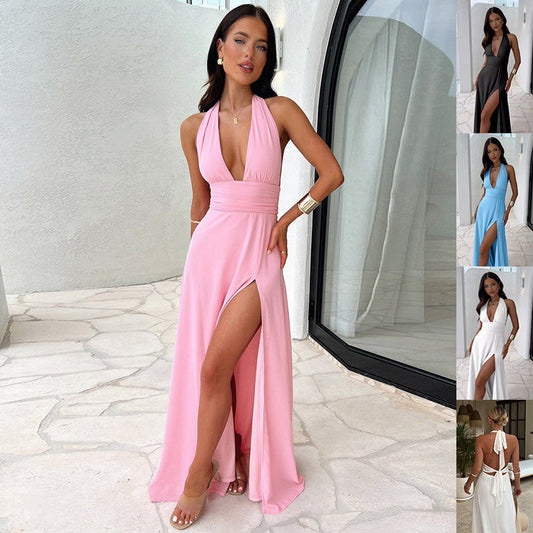 Halterneck V-neck slit dress, sleeveless, high-waisted, backless, polyester, available in multiple colors.