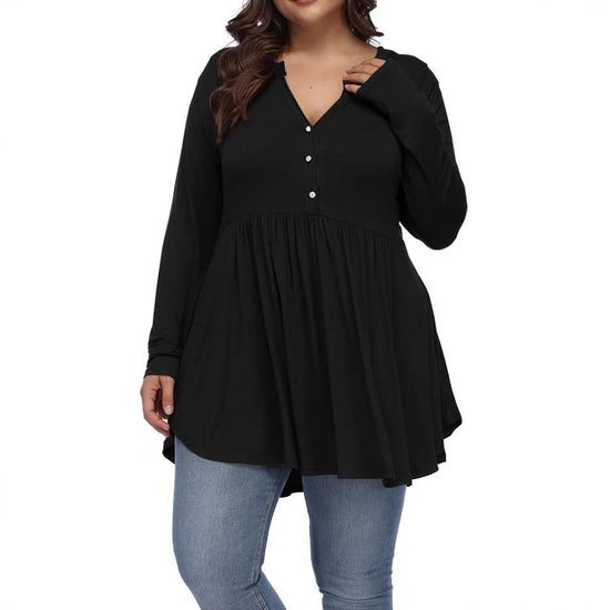 FASION V-neck Buttons Pleated Long Sleeve Plus Size T-shirt - Swefashionstore