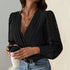 All-matching Solid Color And V-neck Pleated Lace See-through Long-sleeved Jumpsuit - Swefashionstore
