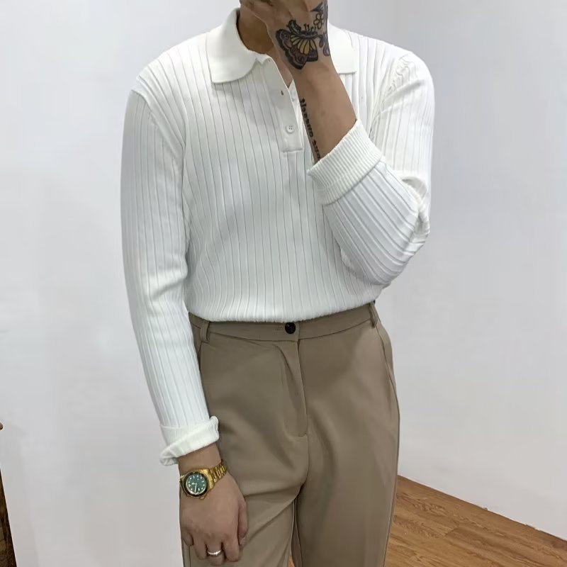 Lapel Texture Stretch Slim Knit Polo Shirt - Swefashionstore