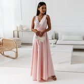 V-neck Sleeveless Dress With Belt Summer Fashion Party Club Evening Maxi Dresses For Women Clothing - Swefashionstore