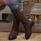 Round Toe Rivet Boots with Belt Buckle and Square Heel