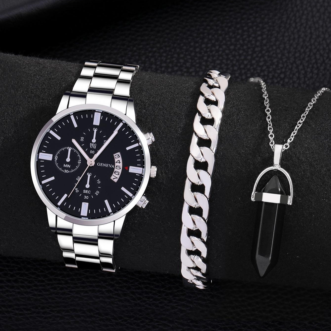 Silver Calendar Steel Watch with matching bracelet and necklace set for women, featuring quartz movement and mineral glass.