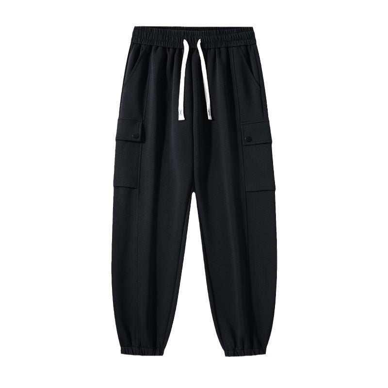 Men's black sports knitted cotton casual trousers with drawstring and side pockets.