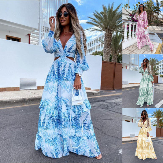 Elegant women's hollow floor V-neck long-sleeved dress in various colors on a stylish model.