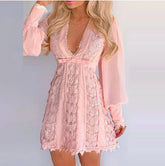 White Elegant Dresses Elegant V-Neck Lace Dress With Long Puff Sleeve - Swefashionstore