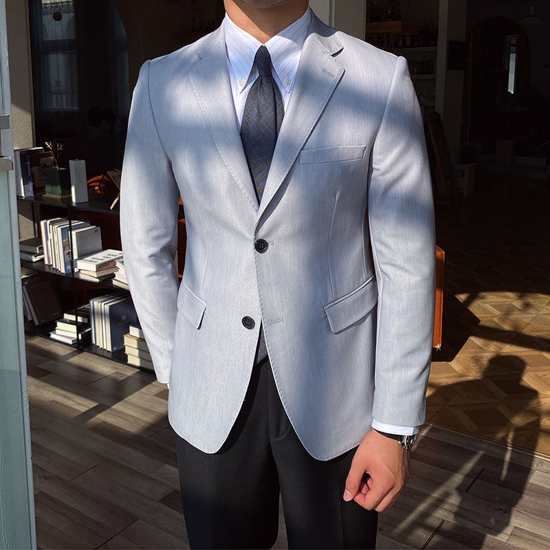 Casual business all-match double breasted suit jacket in light grey, perfect for versatile office wear.