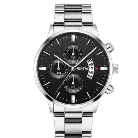 Silver Calendar Steel Watch with black dial and bracelet, featuring quartz movement and mineral glass.