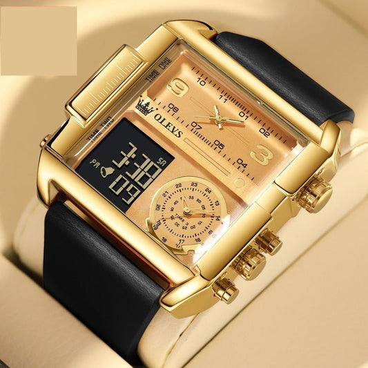 Multifunctional sports watch with black leather strap and gold casing.