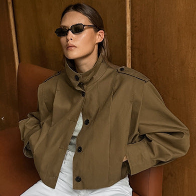 Khaki Lapel Simple Single-breasted Coat - Swefashionstore