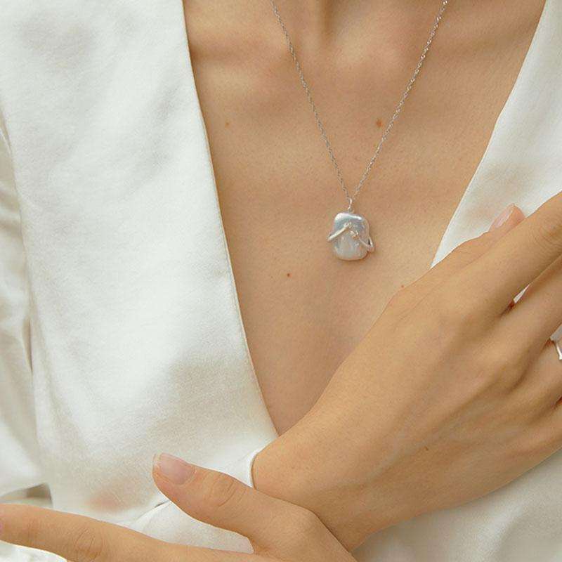 Unique Square Baroque Pearl Couple Pendant Necklace on model.