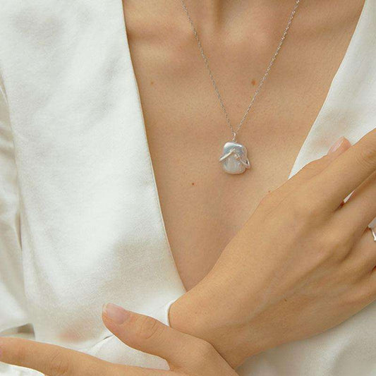 Unique Square Baroque Pearl Couple Pendant Necklace on model.